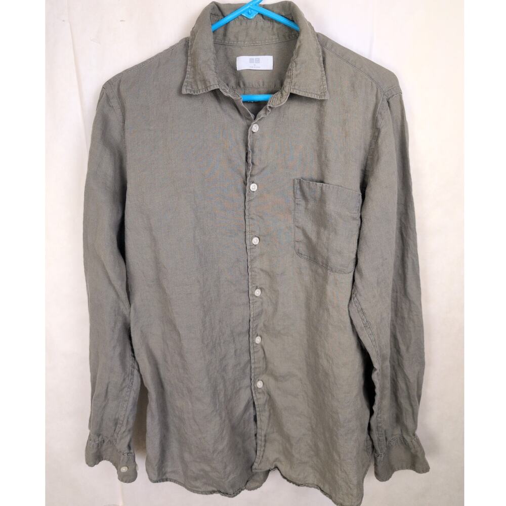 UniQlo grey linen button up shirt Size Med Minimal Preppy Organic Resort Coastal